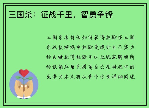 三国杀：征战千里，智勇争锋