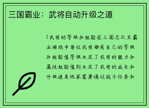 三国霸业：武将自动升级之道